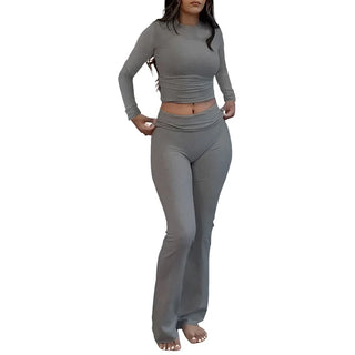 JEN YAGE High-Stretch Slim Crop Top & Flare Pants Set