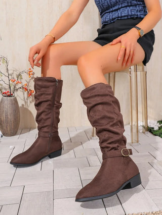 Autumn & Winter Suede Slouchy Boots for Women – Knee-High Low Wedge Heel