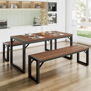 Rustic Kitchen 3-Piece Dining Table Set with 2 Benches