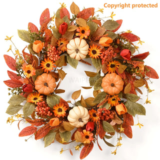 22-Inch Fall Pumpkin Wreath – Artificial Autumn Harvest Front Door & Farmhouse Decor