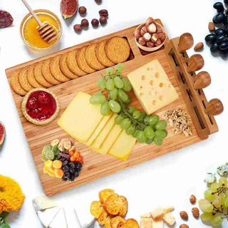 Bamboo Cheese Board w/ Cheese Knife, Slicer, Fork, Scoop