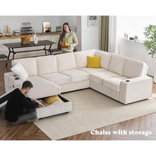 Beige Corduroy U Shaped Sofa 7 Seater with USB Ports & Storage Chaise Luxurious Comfort