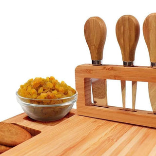 Bamboo Cheese Board w/ Cheese Knife, Slicer, Fork, Scoop