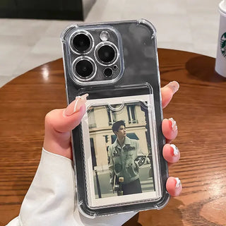 Transparent Card Slot iPhone Case, Clear Shockproof Soft TPU Wallet Cover with Photo Pocket Holder for iPhone 16 15 14 13 12 11 Pro Max Mini X XR 8 7 Plus SE
