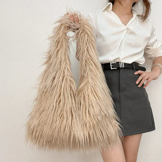 Wool Plush Women’s Y2K Faux Fur Drawstring Bucket Tote
