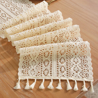 Boho Beige Table Runner, Vintage Crochet Macrame