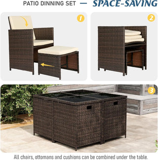 9-Piece Outdoor Patio Dining Set – Space Saving Rattan Wicker Table & Chairs with Cushions, Glass Top Garden Furniture Set for Patio, Deck & Poolside
