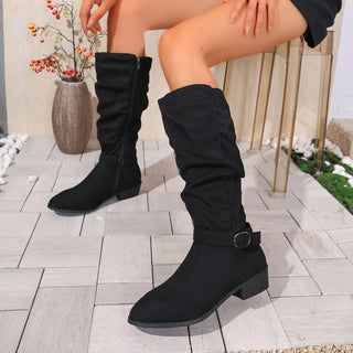 Autumn & Winter Suede Slouchy Boots for Women – Knee-High Low Wedge Heel