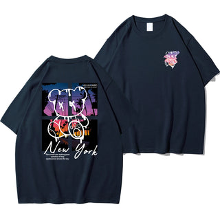 New York Sunset Bear Oversized Graphic Tee – Men’s 100% Cotton Streetwear Shirt