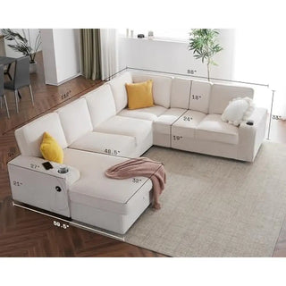 Beige Corduroy U Shaped Sofa 7 Seater with USB Ports & Storage Chaise Luxurious Comfort