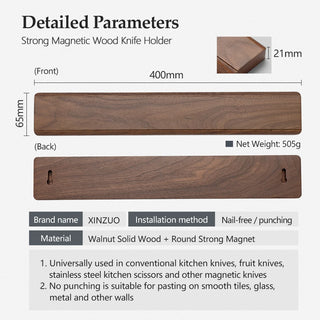 XINZUO 15" Walnut Solid Wood Magnetic Knife Holder