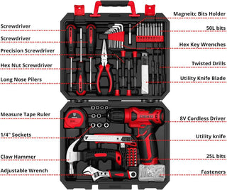 DEKO 126 Piece Tool Kit with 8V Cordless Drill Home Repair Set Screwdriver Drill Combo Kit