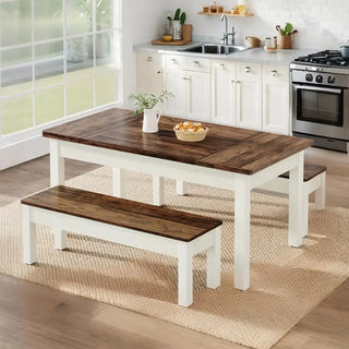 Farmhouse Kitchen Table Set for 4–6 – 55" Wooden Dining Table with 2 Benches