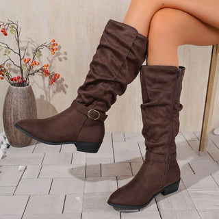 Autumn & Winter Suede Slouchy Boots for Women – Knee-High Low Wedge Heel