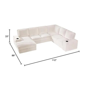 Beige Corduroy U Shaped Sofa 7 Seater with USB Ports & Storage Chaise Luxurious Comfort