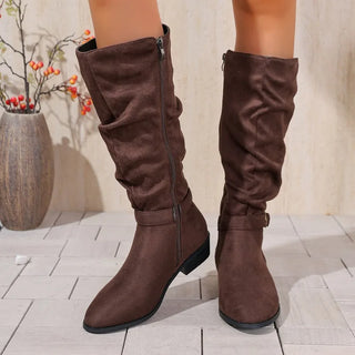 Autumn & Winter Suede Slouchy Boots for Women – Knee-High Low Wedge Heel