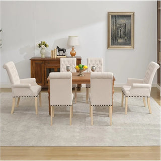 Upholstered Fabric Accent Dining Chair Set of 6 – Elegant Tufted Dining Room Chairs with 2 Armchairs
