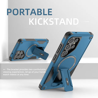 Fold Stand Magnetic Armor Samsung Case, Shockproof Half-Wrapped Cover with Portable Kickstand, Camera Guard, Screen Protection, and Wireless Charging Support for Galaxy S26 S25 S24 A56 A26 A16