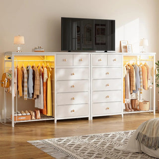 49.2" White Dresser with Hanging Rack, 6 Drawers, LED Lights & Charging Station