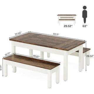 Farmhouse Kitchen Table Set for 4–6 – 55" Wooden Dining Table with 2 Benches