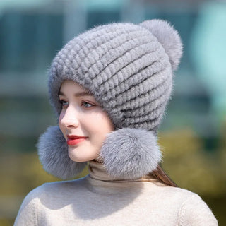 Real Mink Fur Spiral Beanie Cap With Fox Fur Pompoms.