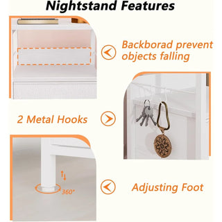 Nightstands Set of 2 – Bedside Tables with 2 Fabric Drawers, Hooks & Open Wood Shelf for Bedroom or Living Room