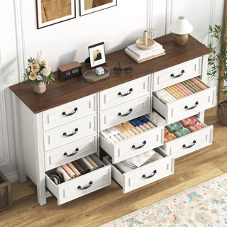 Large 12-Drawer Rustic Wood Dresser – 63" Long Modern Storage Cabinet for Bedroom, Living Room & Entryway