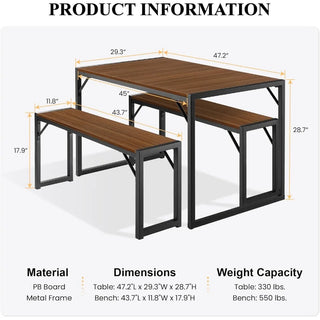 Rustic Kitchen 3-Piece Dining Table Set with 2 Benches