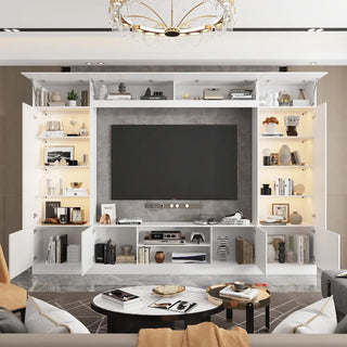 114" Large Wall Unit Entertainment Center with Bookshelves, LED Lights & 18 Shelves – Modern Console Table for TVs up to 75"