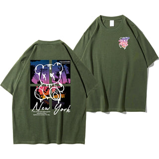 New York Sunset Bear Oversized Graphic Tee – Men’s 100% Cotton Streetwear Shirt
