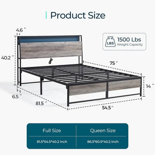 RusticModern Bed Frame with Storage, Lights, Outlets & USB station