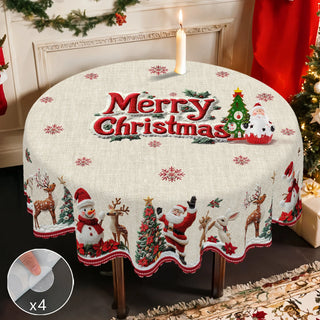 Merry Christmas Pattern Tablecloth with 4 Self-Adhesive Stickers – Santa, Snowman, Reindeer & Holiday Cheer