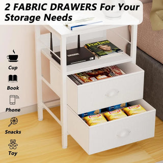 Nightstands Set of 2 – Bedside Tables with 2 Fabric Drawers, Hooks & Open Wood Shelf for Bedroom or Living Room