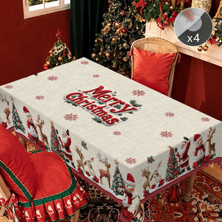 Merry Christmas Pattern Tablecloth with 4 Self-Adhesive Stickers – Santa, Snowman, Reindeer & Holiday Cheer