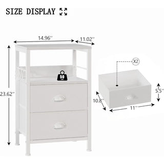 Nightstands Set of 2 – Bedside Tables with 2 Fabric Drawers, Hooks & Open Wood Shelf for Bedroom or Living Room