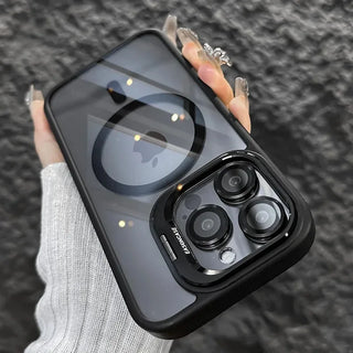 Luxury Magnetic Shockproof iPhone Case with Stand, Full Coverage Clear PC + TPU Cover, MagSafe-Style Ring, Lens Protection, Anti-Scratch Design for iPhone 17 16E 16 15 14 13 12 11 Series