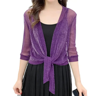 Women's Sheer Glitter Lace-up Cardigan