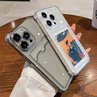Transparent Card Slot iPhone Case, Clear Shockproof Soft TPU Wallet Cover with Photo Pocket Holder for iPhone 16 15 14 13 12 11 Pro Max Mini X XR 8 7 Plus SE