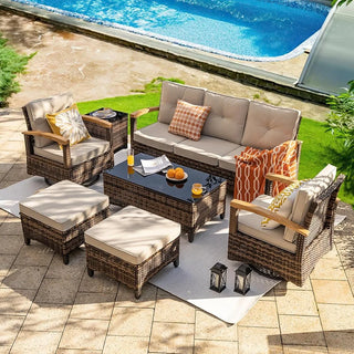 7-Piece Patio Furniture Set – PE Wicker Outdoor Conversation Set with 2 Wood Armrest Swivel Rocker Chairs