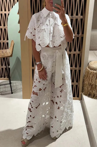 Lapel Single-Breasted Shirt Top + Wide-Leg Pants 2-Piece Set