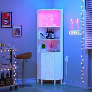 Corner Bar Cabinet with LED Lights & Glass Holder