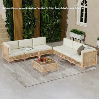 7-Piece Outdoor Patio Furniture Set – Wicker Sectional Sofa with Glass Table & Cushions