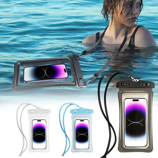 Waterproof phone cases with a woman in the water and close-up views of the cases.