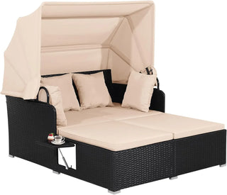 Outdoor Hand-Woven PE Wicker Daybed Patio Loveseat with Retractable Canopy & Side Tables – Sun Lounger Sofa Set