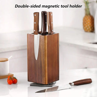 Magnetic Wooden Knife Holder – 360° Rotating Double-Sided Knife Block
