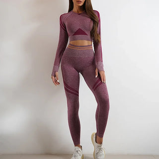 2-Piece Seamless Yoga Set – Long Sleeve Crop Top & Scrunch Leggings