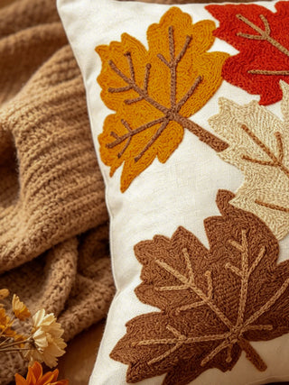Autumn Maple Leaf Embroidered Pillow Cover – Decorative Fall Throw Cushion Cover for Sofa, Bed & Thanksgiving Decor