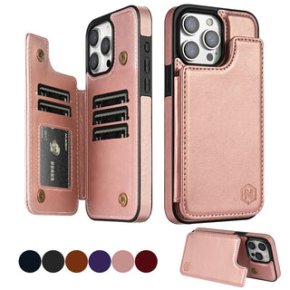 A pink faux-leather wallet phone case shown from multiple angles on a white background, with card slots, a phone camera cutout, and a small circular 'N' logo. Color swatches in several other colors appear along the bottom left.