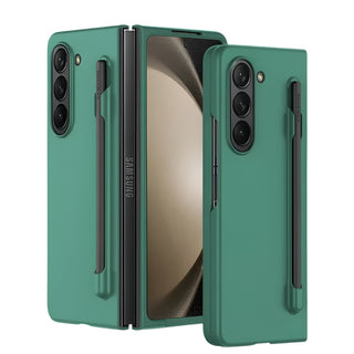 A green Samsung Galaxy S24 Ultra protective case shown in three angles: open, closed, and standing upright on its kickstand. The case features a matte finish, a built-in stylus holder, and precise cutouts for the camera and buttons.